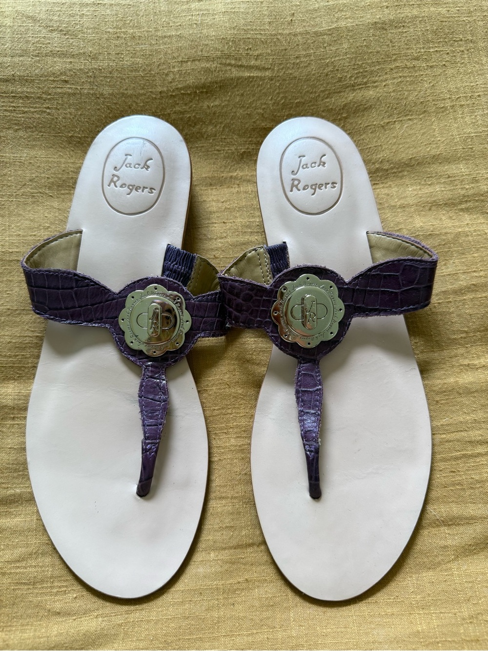 Jack Rogers Purple Croc-Embossed Thong Sandals with Medallion